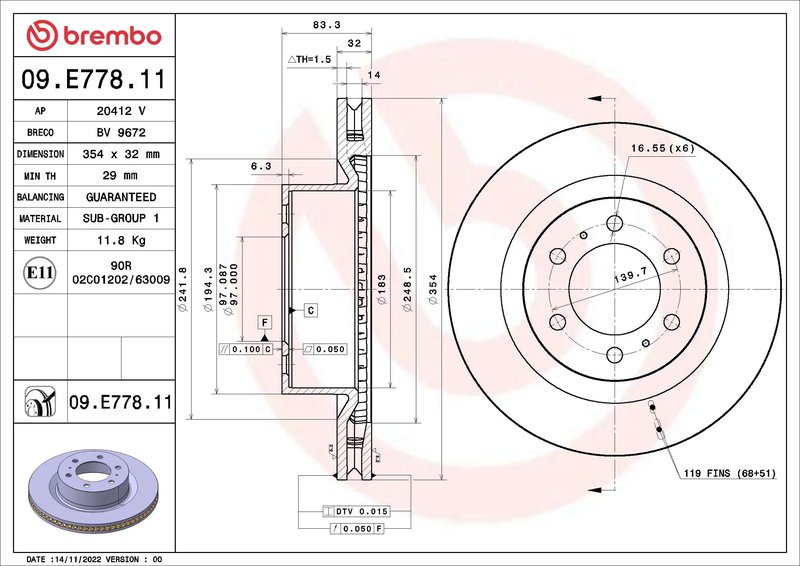 DISC FRANA BREMBO 09.E778.11 - Compatibil cu LEXUS, TOYOTA