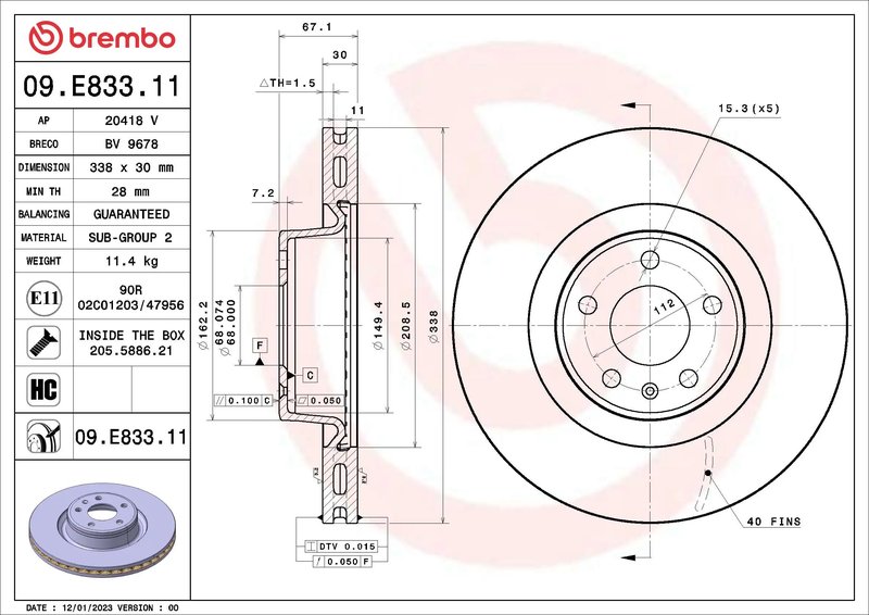 DISC FRANA BREMBO 09.E833.11 - Compatibil cu AUDI