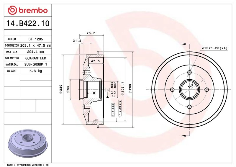 TAMBUR FRANA BREMBO 14.B422.10 - Compatibil cu CITROEN, DS, PEUGEOT