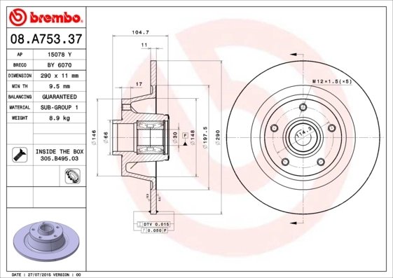 DISC FRANA BREMBO 08.A753.37 - Compatibil cu RENAULT