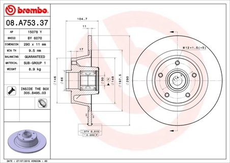 DISC FRANA BREMBO 08.A753.37 - Compatibil cu RENAULT