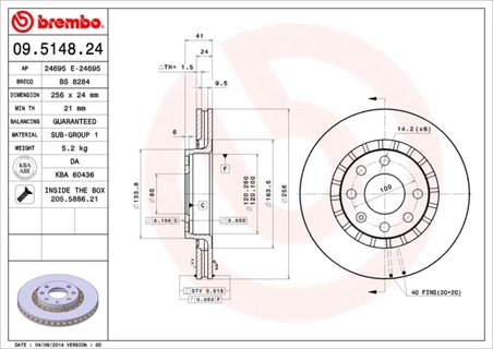 DISC FRANA BREMBO 09.5148.24 - Compatibil cu CHEVROLET, OPEL, VAUXHALL, ZAZ
