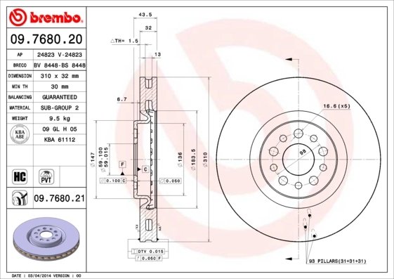 DISC FRANA BREMBO 09.7680.21 - Compatibil cu CITROEN, FIAT, LANCIA, PEUGEOT