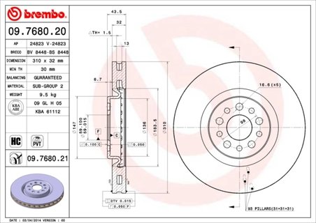 DISC FRANA BREMBO 09.7680.21 - Compatibil cu CITROEN, FIAT, LANCIA, PEUGEOT