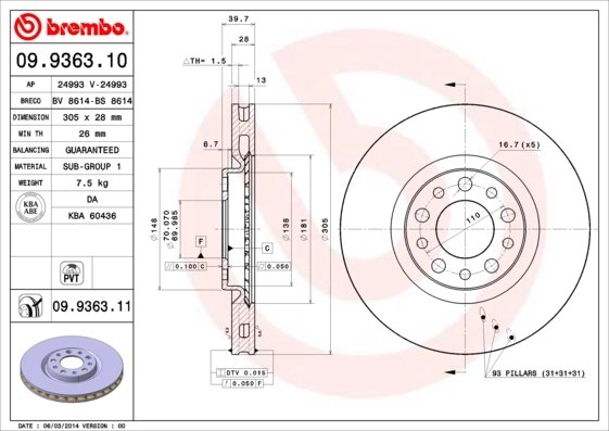 DISC FRANA BREMBO 09.9363.11 - Compatibil cu ALFA ROMEO, FIAT (GAC)
