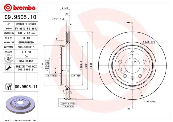 DISC FRANA BREMBO 09.9505.11 - Compatibil cu CADILLAC, CHEVROLET, FIAT, OPEL, SAAB, VAUXHALL