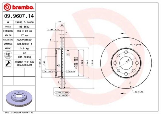 DISC FRANA BREMBO 09.9607.14 - Compatibil cu BEDFORD, CHEVROLET, OPEL, VAUXHALL, ZAZ