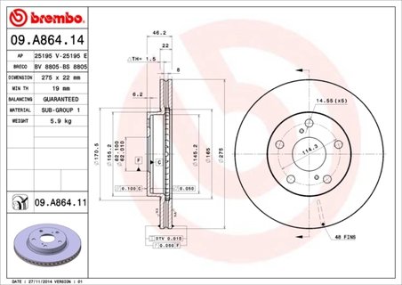 DISC FRANA BREMBO 09.A864.14 - Compatibil cu TOYOTA