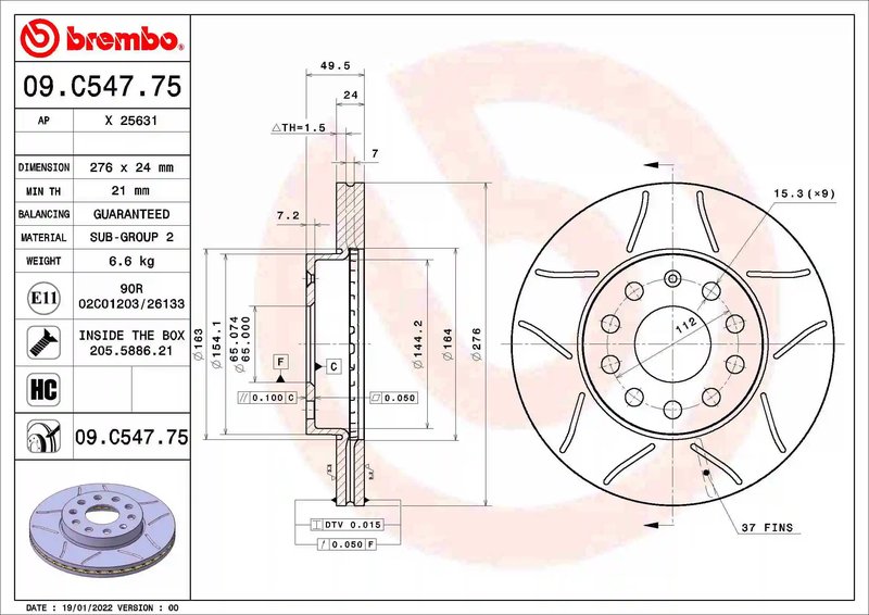 DISC FRANA BREMBO 09.C547.75 - Compatibil cu AUDI, SEAT, SKODA, SKODA (SVW), VW, VW (FAW), VW (SVW)