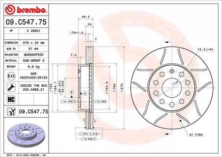 DISC FRANA BREMBO 09.C547.75 - Compatibil cu AUDI, SEAT, SKODA, SKODA (SVW), VW, VW (FAW), VW (SVW)
