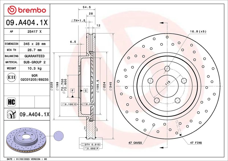 DISC FRANA BREMBO 09.A404.1X - Compatibil cu CHRYSLER, DODGE, LANCIA