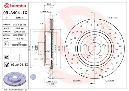 DISC FRANA BREMBO 09.A404.1X - Compatibil cu CHRYSLER, DODGE, LANCIA