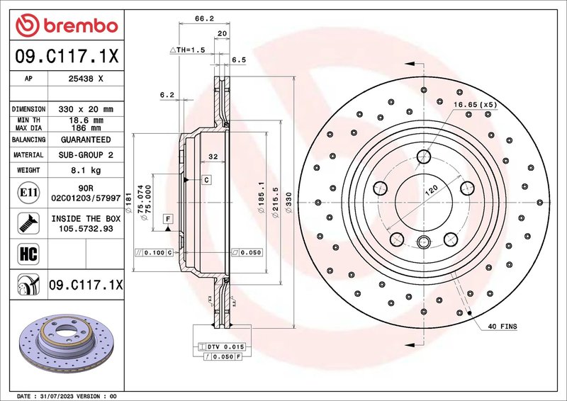 DISC FRANA BREMBO 09.C117.1X - Compatibil cu BMW, BMW (BRILLIANCE)