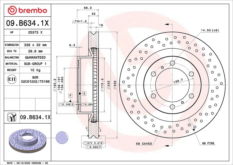 DISC FRANA BREMBO 09.B634.1X - Compatibil cu LEXUS, TOYOTA, TOYOTA (FAW)