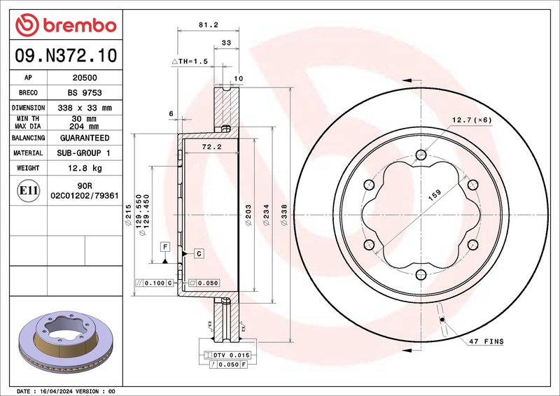DISC FRANA BREMBO 09.N372.10 - Compatibil cu FORD