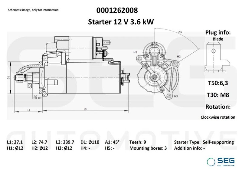 ELECTROMOTOR SEG AUTOMOTIVE 0001262008 - Compatibil cu NEW HOLLAND