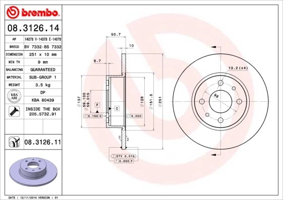 DISC FRANA BREMBO 08.3126.11 - Compatibil cu ALFA ROMEO, CHRYSLER, FIAT, LANCIA