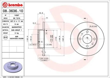 DISC FRANA BREMBO 08.3636.10 - Compatibil cu AUTOBIANCHI, FIAT, FSO, INNOCENTI, LANCIA, PININFARINA, SEAT, YUGO, ZASTAVA