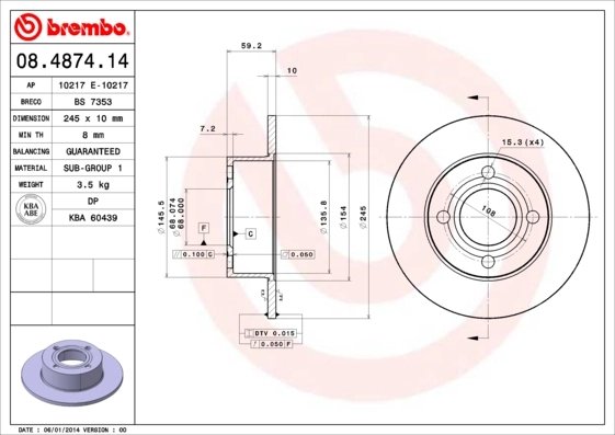 DISC FRANA BREMBO 08.4874.14 - Piesa auto compatibila cu mai multe marci
