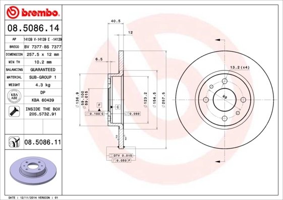 DISC FRANA BREMBO 08.5086.11 - Compatibil cu ALFA ROMEO, CHRYSLER, FIAT, LANCIA