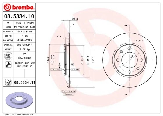 DISC FRANA BREMBO 08.5334.11 - Compatibil cu CITROEN, CITROEN (DF-PSA), PEUGEOT, PEUGEOT (DF-PSA)