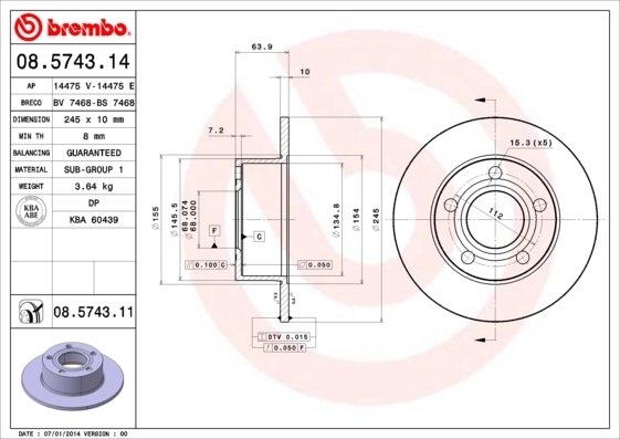 DISC FRANA BREMBO 08.5743.11 - Compatibil cu AUDI, AUDI (FAW), SKODA, VW, VW (SVW)