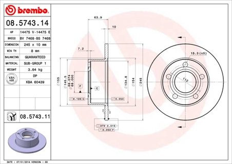 DISC FRANA BREMBO 08.5743.11 - Compatibil cu AUDI, AUDI (FAW), SKODA, VW, VW (SVW)