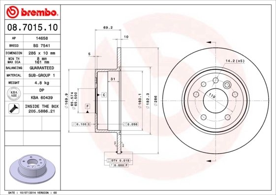 DISC FRANA BREMBO 08.7015.10 - Compatibil cu CHEVROLET, OPEL, VAUXHALL