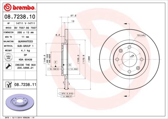 DISC FRANA BREMBO 08.7238.11 - Compatibil cu CITROEN, PEUGEOT, PEUGEOT (DF-PSA)