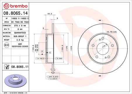 DISC FRANA BREMBO 08.8065.14 - Compatibil cu INFINITI, NISSAN