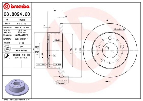 DISC FRANA BREMBO 08.8094.60 - Compatibil cu CITROEN, FIAT, PEUGEOT
