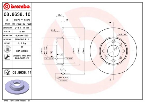 DISC FRANA BREMBO 08.8638.11 - Compatibil cu OPEL, VAUXHALL