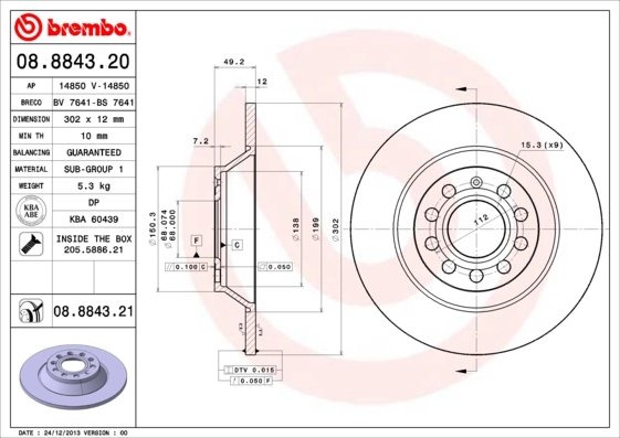 DISC FRANA BREMBO 08.8843.21 - Compatibil cu AUDI, AUDI (FAW)