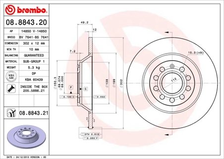 DISC FRANA BREMBO 08.8843.21 - Compatibil cu AUDI, AUDI (FAW)