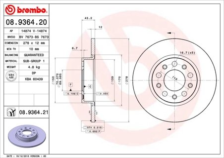 DISC FRANA BREMBO 08.9364.21 - Compatibil cu ALFA ROMEO, FIAT, JEEP, JEEP (GAC FCA)