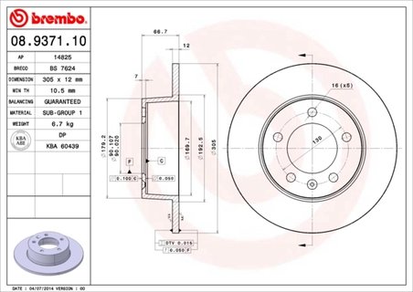 DISC FRANA BREMBO 08.9371.10 - Compatibil cu NISSAN, OPEL, RENAULT, VAUXHALL