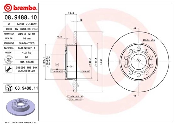 DISC FRANA BREMBO 08.9488.11 - Compatibil cu AUDI, SEAT, SKODA, SKODA (SVW), VW, VW (FAW), VW (SVW)