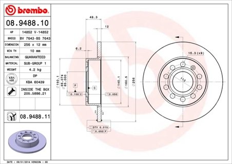 DISC FRANA BREMBO 08.9488.11 - Compatibil cu AUDI, SEAT, SKODA, SKODA (SVW), VW, VW (FAW), VW (SVW)