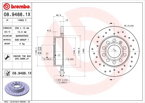 DISC FRANA BREMBO 08.9488.1X - Compatibil cu AUDI, SEAT, SKODA, SKODA (SVW), VW, VW (FAW), VW (SVW)
