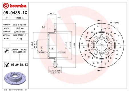 DISC FRANA BREMBO 08.9488.1X - Compatibil cu AUDI, SEAT, SKODA, SKODA (SVW), VW, VW (FAW), VW (SVW)