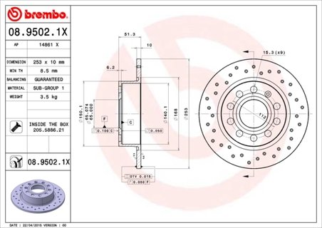 DISC FRANA BREMBO 08.9502.1X - Compatibil cu AUDI, SEAT, SKODA, SKODA (SVW), VW, VW (FAW), VW (SVW)