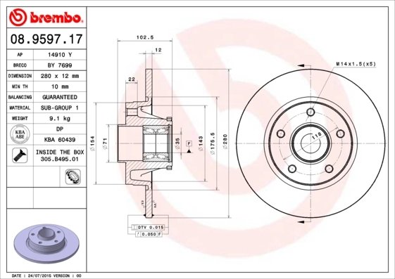 DISC FRANA BREMBO 08.9597.17 - Compatibil cu NISSAN, OPEL, RENAULT, VAUXHALL