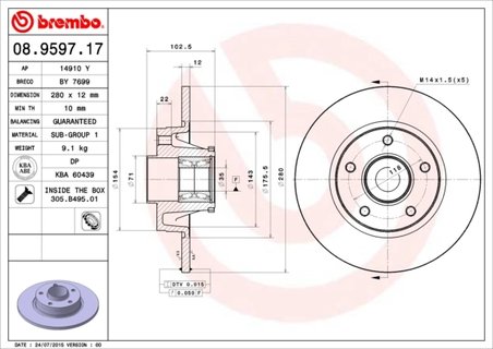 DISC FRANA BREMBO 08.9597.17 - Compatibil cu NISSAN, OPEL, RENAULT, VAUXHALL