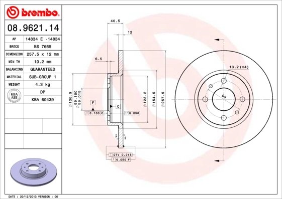 DISC FRANA BREMBO 08.9621.14 - Compatibil cu ALFA ROMEO, FIAT, LANCIA