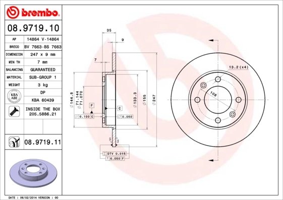 DISC FRANA BREMBO 08.9719.11 - Compatibil cu CITROEN, CITROEN (DF-PSA), FENGSHEN, PEUGEOT, PEUGEOT (DF-PSA)