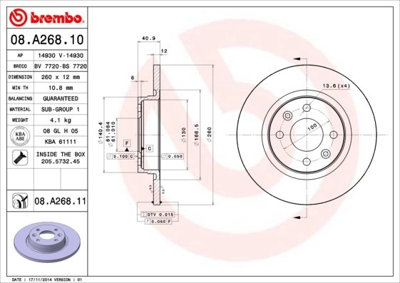 DISC FRANA BREMBO 08.A268.11 - Compatibil cu DACIA, RENAULT, SMART