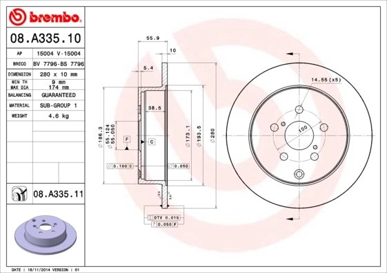 DISC FRANA BREMBO 08.A335.11 - Compatibil cu TOYOTA