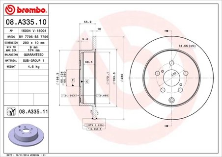 DISC FRANA BREMBO 08.A335.11 - Compatibil cu TOYOTA