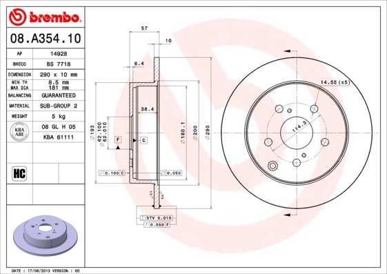 DISC FRANA BREMBO 08.A354.10 - Compatibil cu TOYOTA
