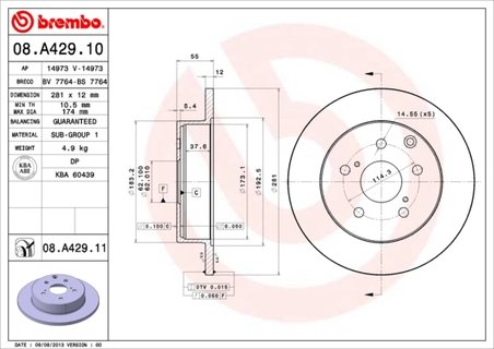 DISC FRANA BREMBO 08.A429.11 - Compatibil cu LEXUS, TOYOTA, TOYOTA (FAW)
